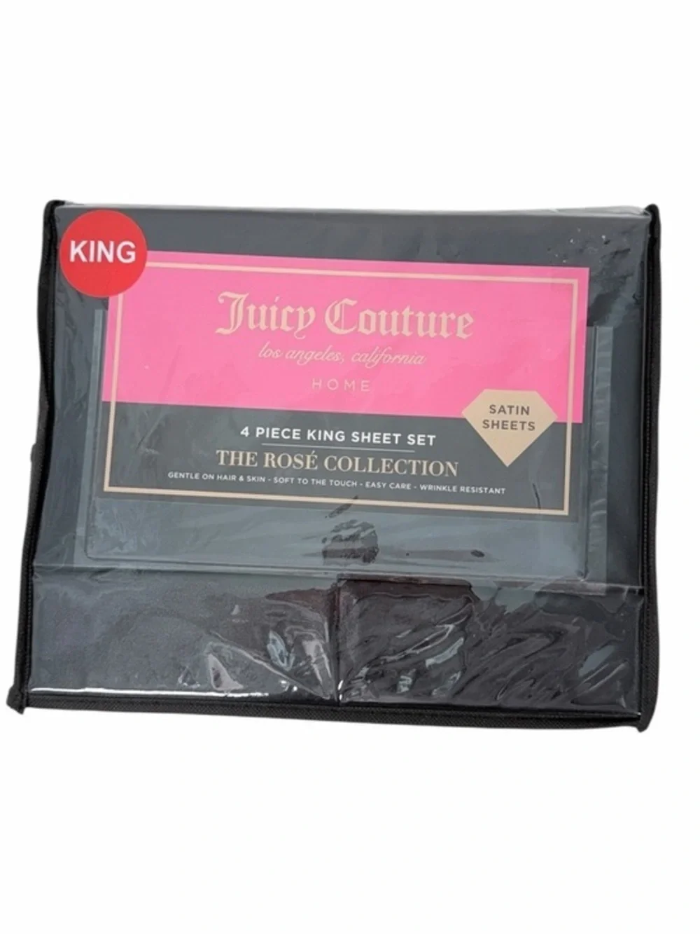 Juicy Couture Rosé Collection King Satin Sheet Set Black 4 Piece Bedding Luxury
